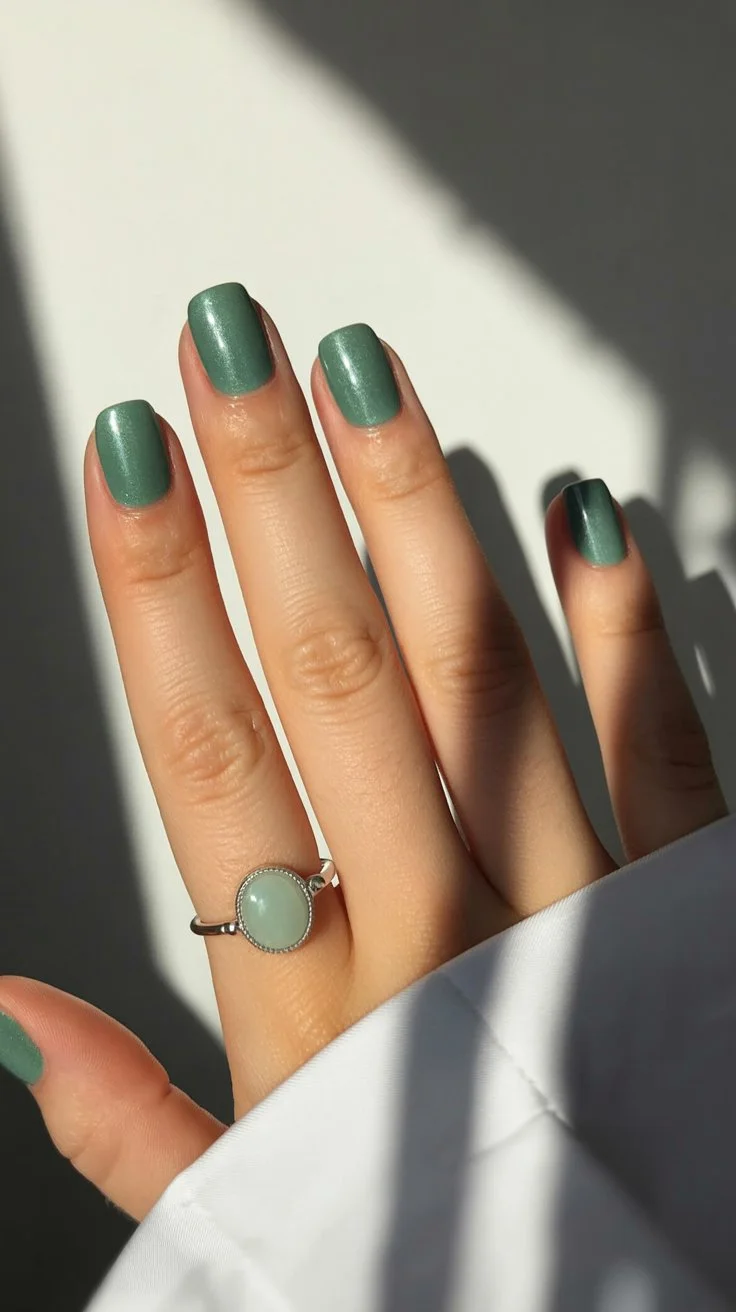 short gel nails summer 2026 Soft Green Minimalism With Quiet Luxury Vibes