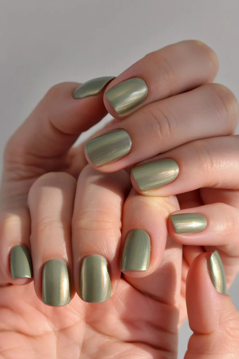 short gel nails summer 2026 Muted Green Chrome With Quiet Luxury Energy