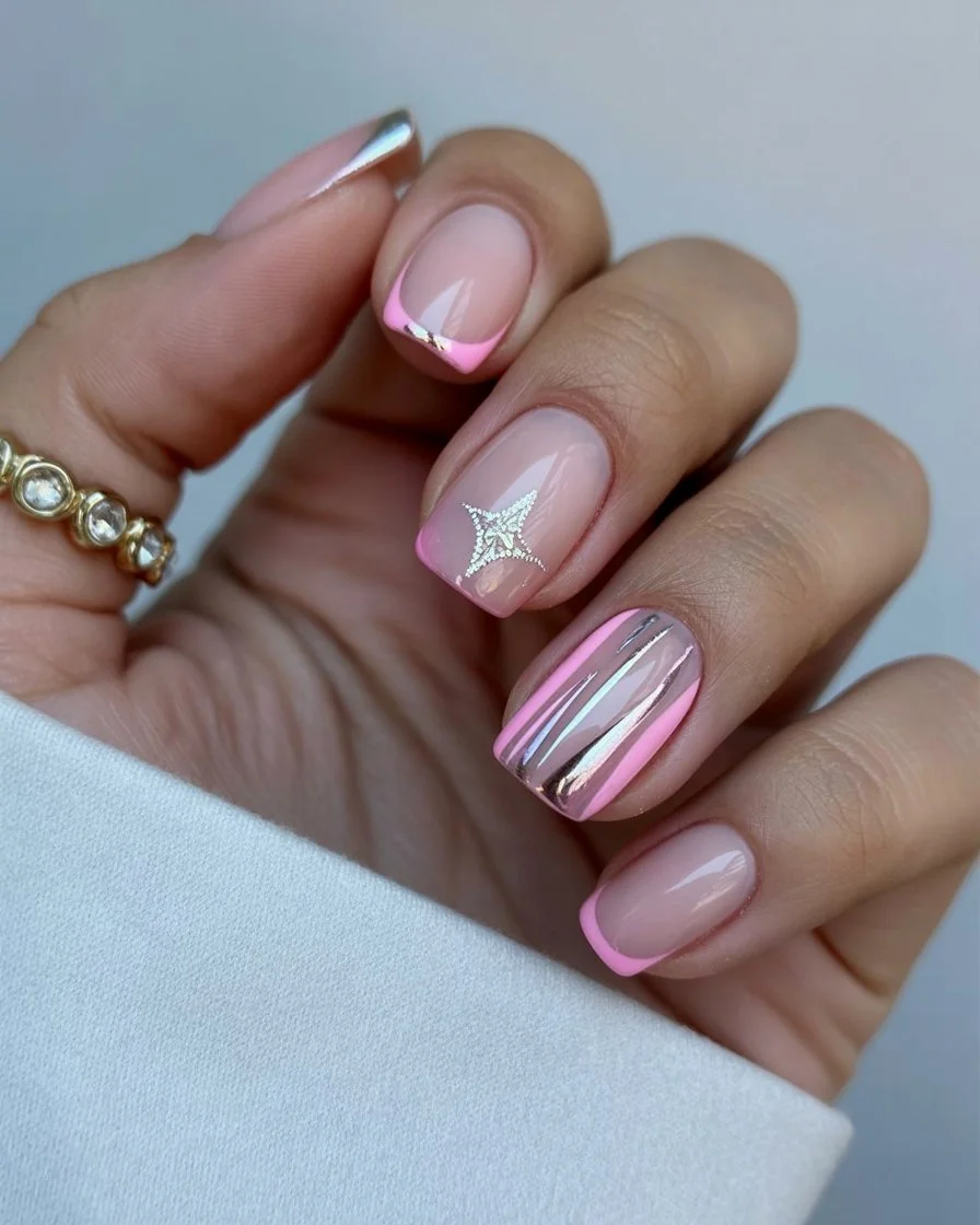 short summer nails 2026 Pink French Details With Metallic Summer Shine