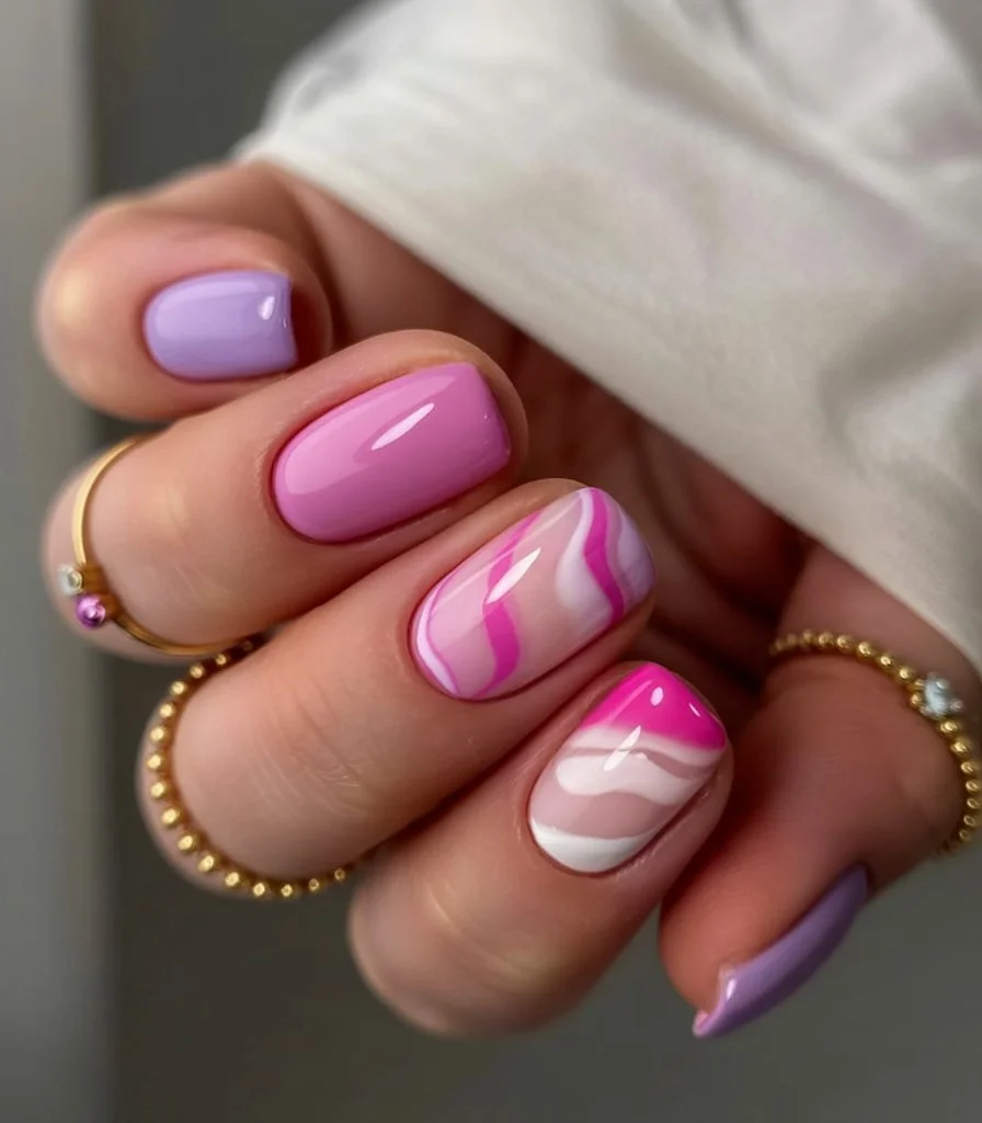 short summer nails 2026 Pink Waves And Soft Candy Swirls