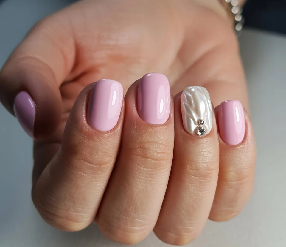 short summer nails 2026 Soft Pearl Accent Nails With Romantic Summer Details
