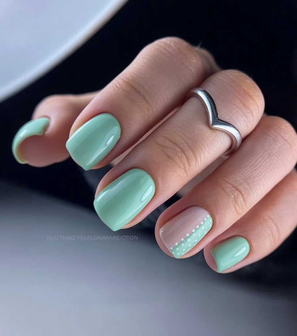 short summer nails 2026 Mint Polka Accent Nails With Fresh Summer Charm