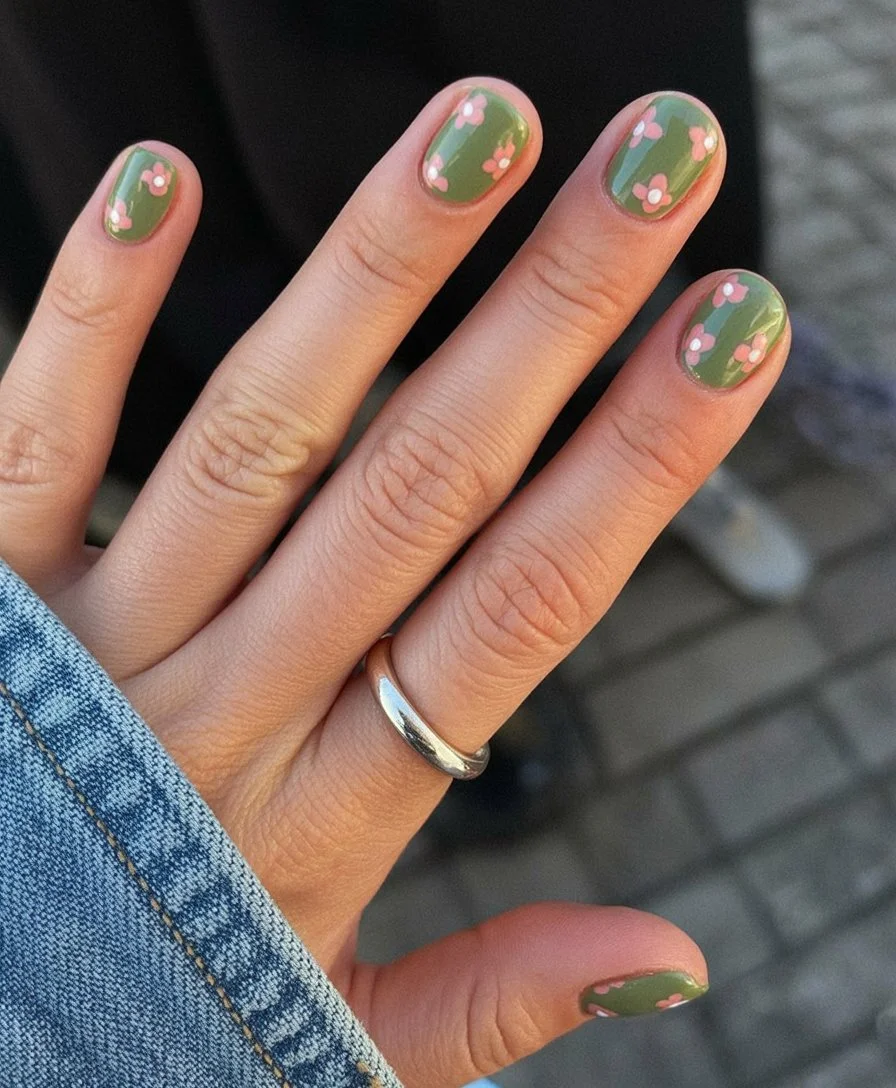 short summer nails 2026 Tiny Floral Green Nails For Weekend Moods