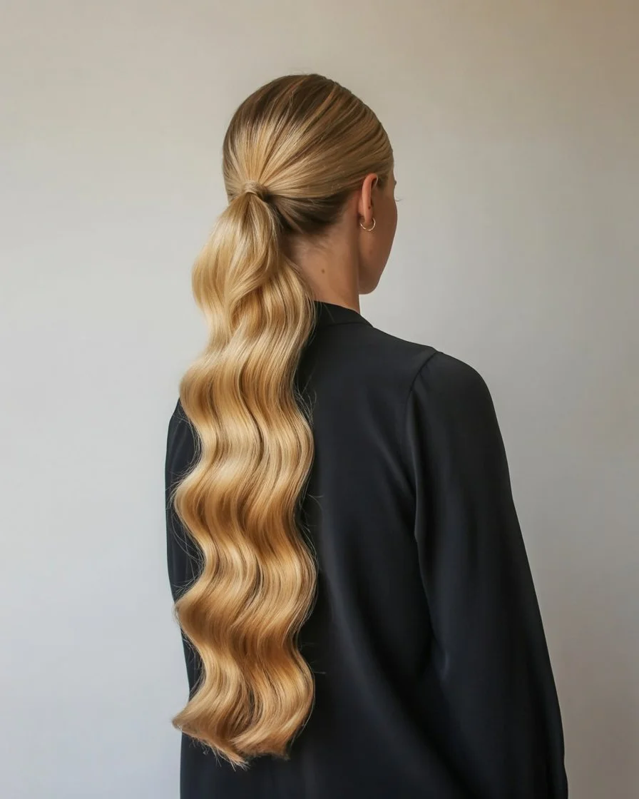sleek summer ponytail hairstyle 2026 low sleek ponytail with soft waves finish