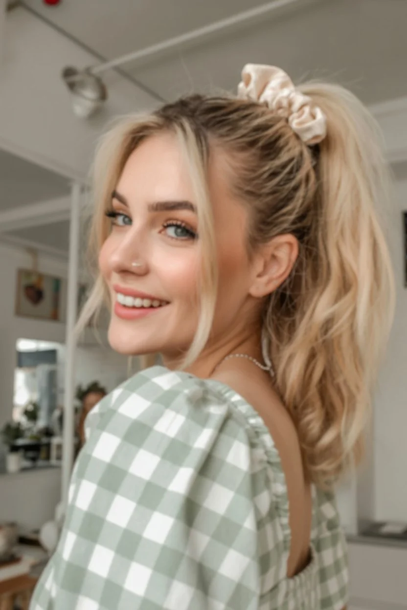 sleek summer ponytail hairstyle 2026 soft scrunchie ponytail with casual volume