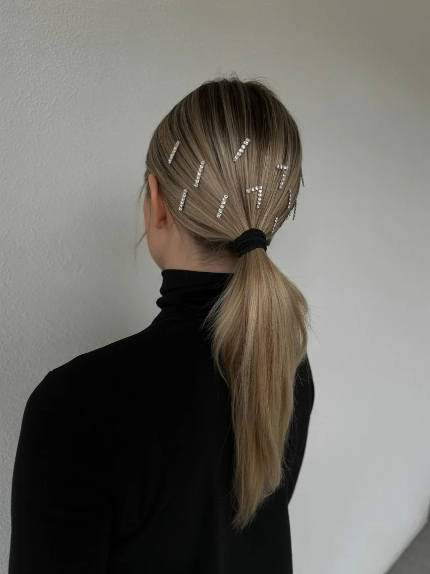 sleek summer ponytail hairstyle 2026 low sleek ponytail with crystal hair accents