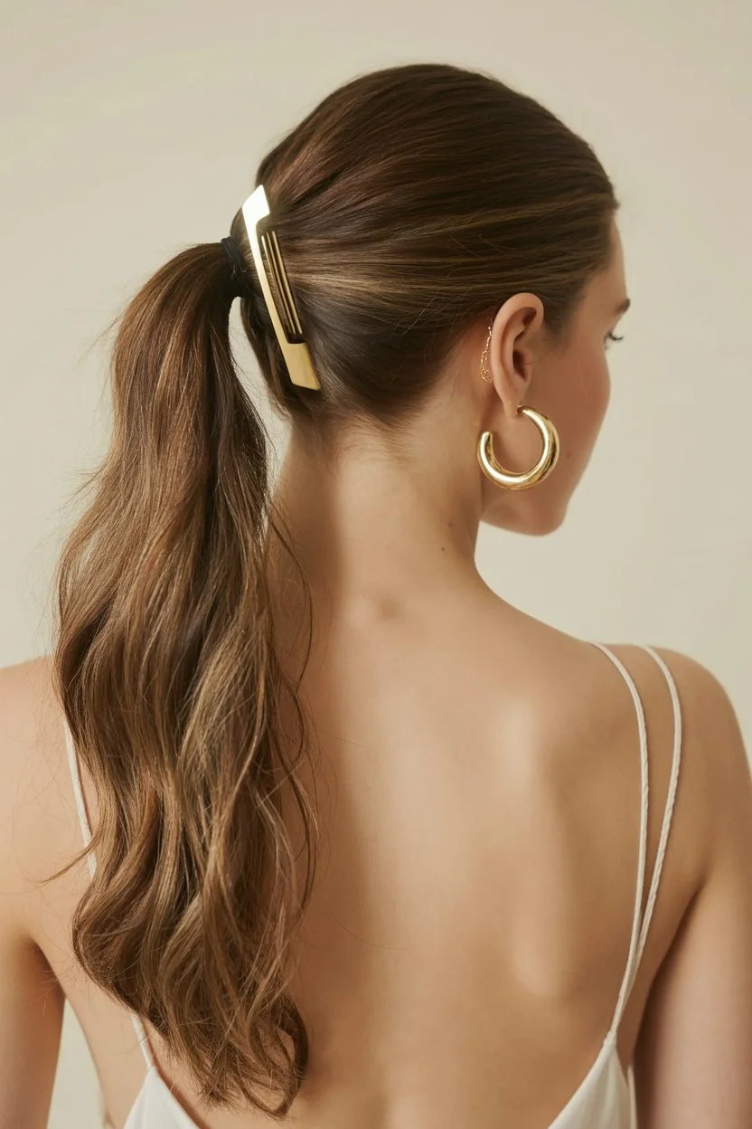 sleek summer ponytail hairstyle 2026 minimalist low ponytail with statement clip