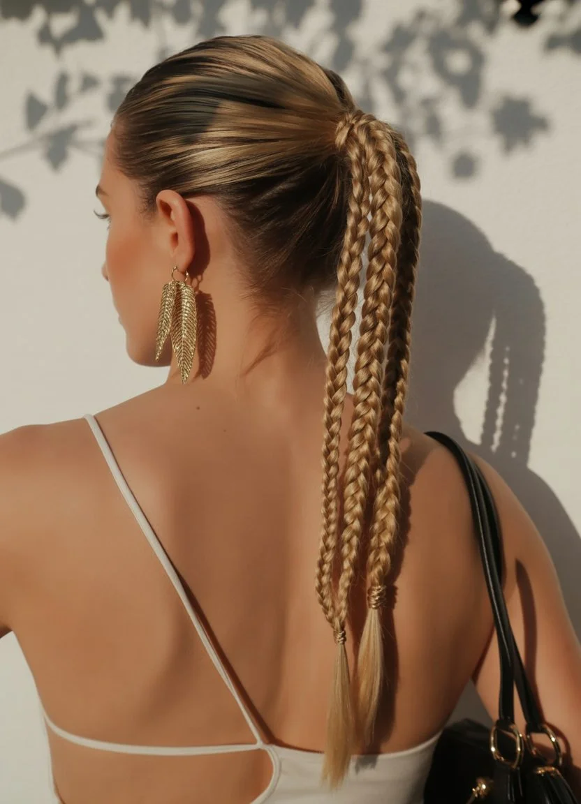 sleek summer ponytail hairstyle 2026 double braided sleek ponytail summer glow