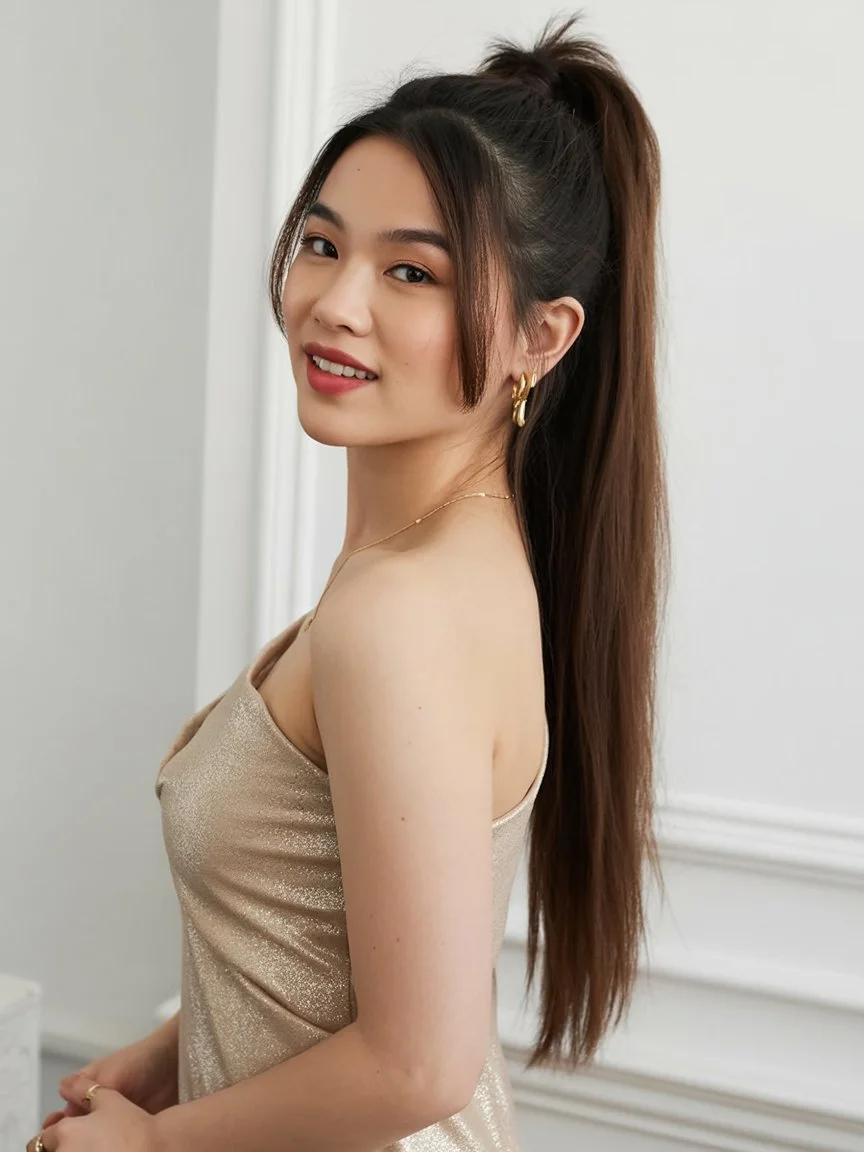 sleek summer ponytail hairstyle 2026 soft face framing high ponytail glow
