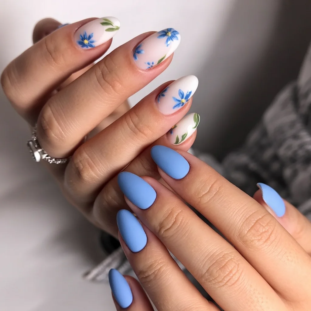 summer acrylic nails 2026 Blue Floral Nails With Cottagecore Energy