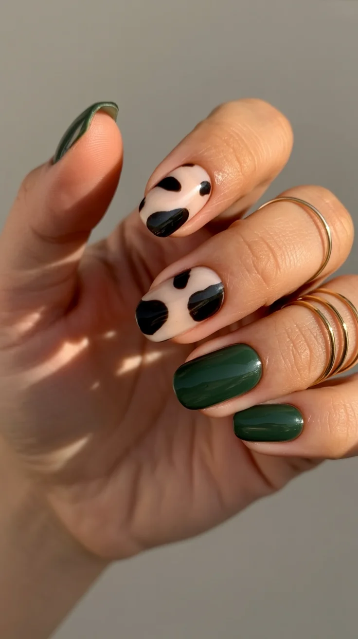 summer acrylic nails 2026 Dark Green Cow Print Nails With Cool Girl Energy