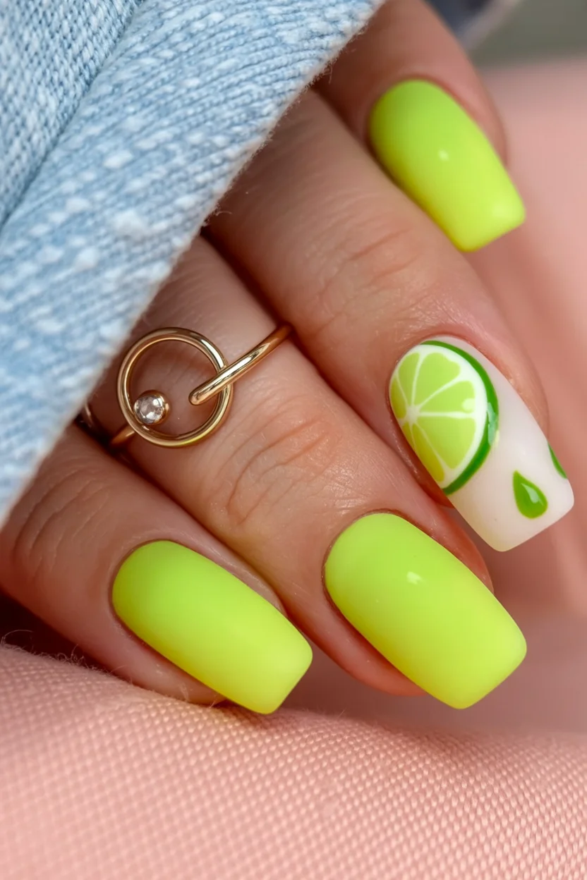 summer acrylic nails 2026 Neon Lime Nails With Citrus Art