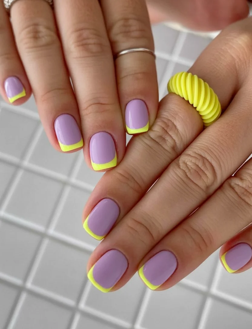 summer acrylic nails 2026 Lavender French Tips With Neon Yellow Contrast