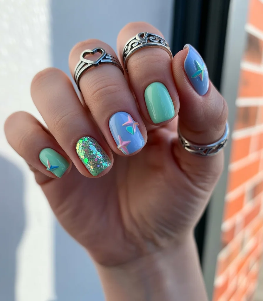 summer acrylic nails 2026 Pastel Butterfly Nails With Glitter Accents
