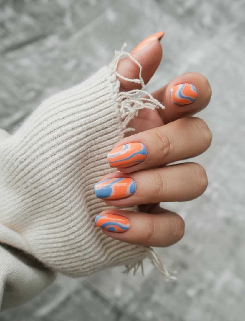 summer acrylic nails 2026 Retro Orange And Blue Swirl Nails