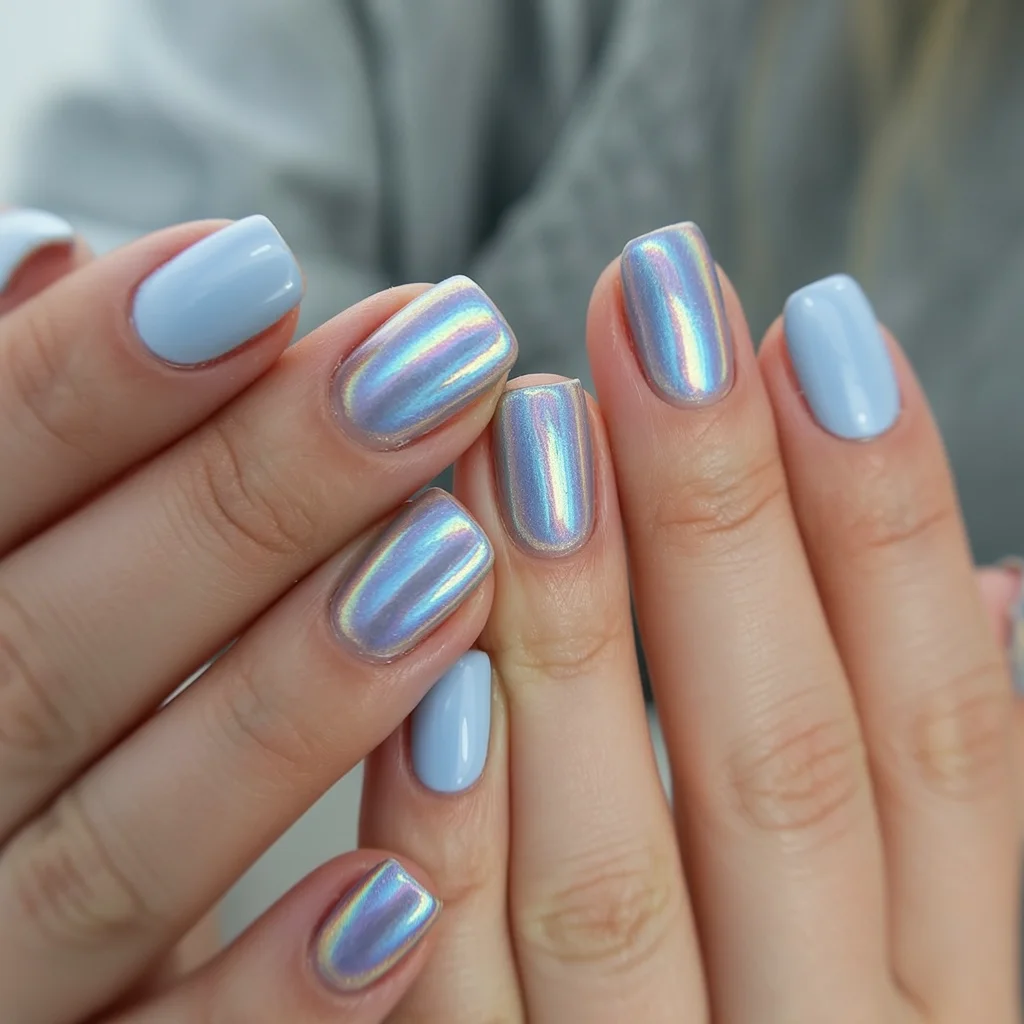 summer acrylic nails 2026 Ice Blue Holographic Nails That Glow In Sunlight