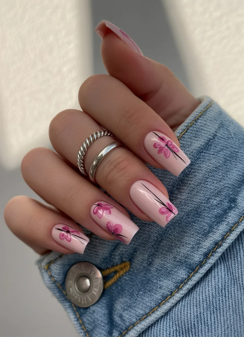 summer acrylic nails 2026 Pink Floral Nails With Romantic Summer Energy
