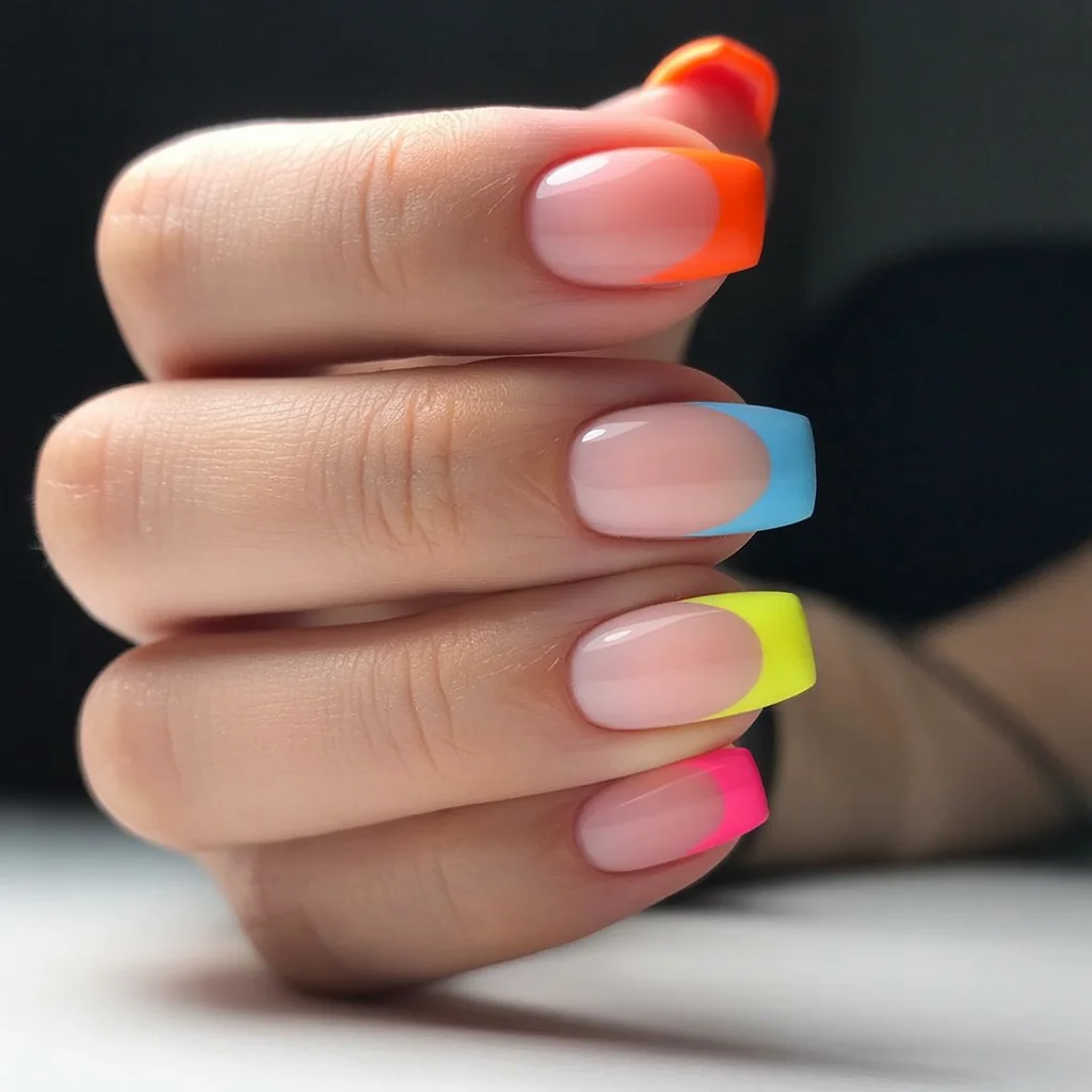summer acrylic nails 2026 Neon Rainbow French Tips For Bold Summer Weekends