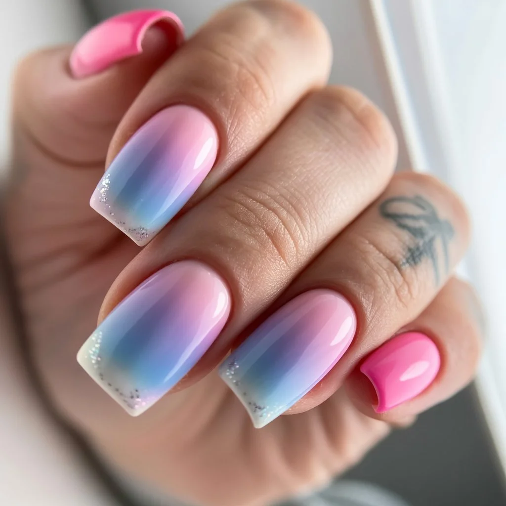 summer beach nails 2026 Pink and Blue Sunset Fade Nails with Dreamy Summer Light