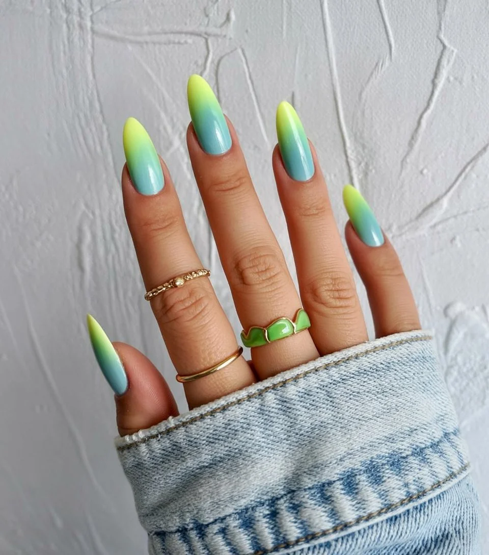 summer beach nails 2026 Blue and Lime Fade Nails with Tropical Wave Vibes