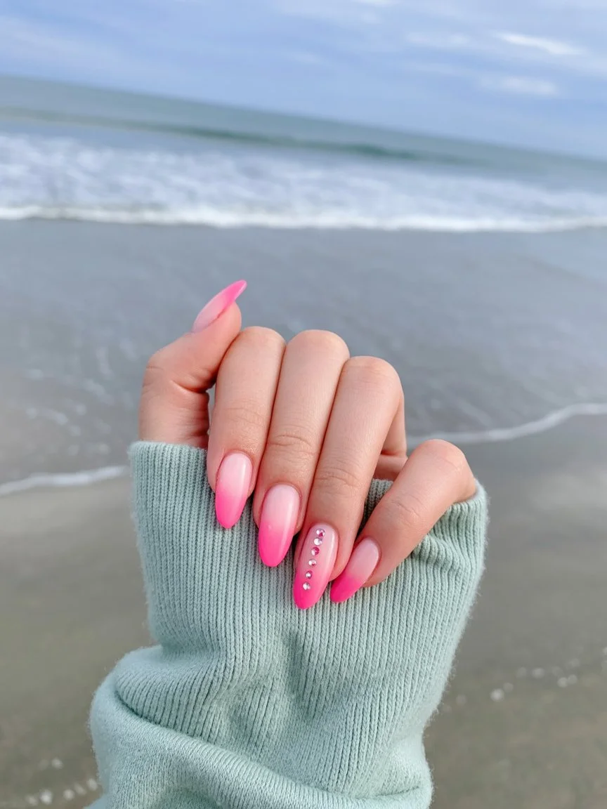 summer beach nails 2026 Hot Pink Ombre Nails with Beach Sunset Glow