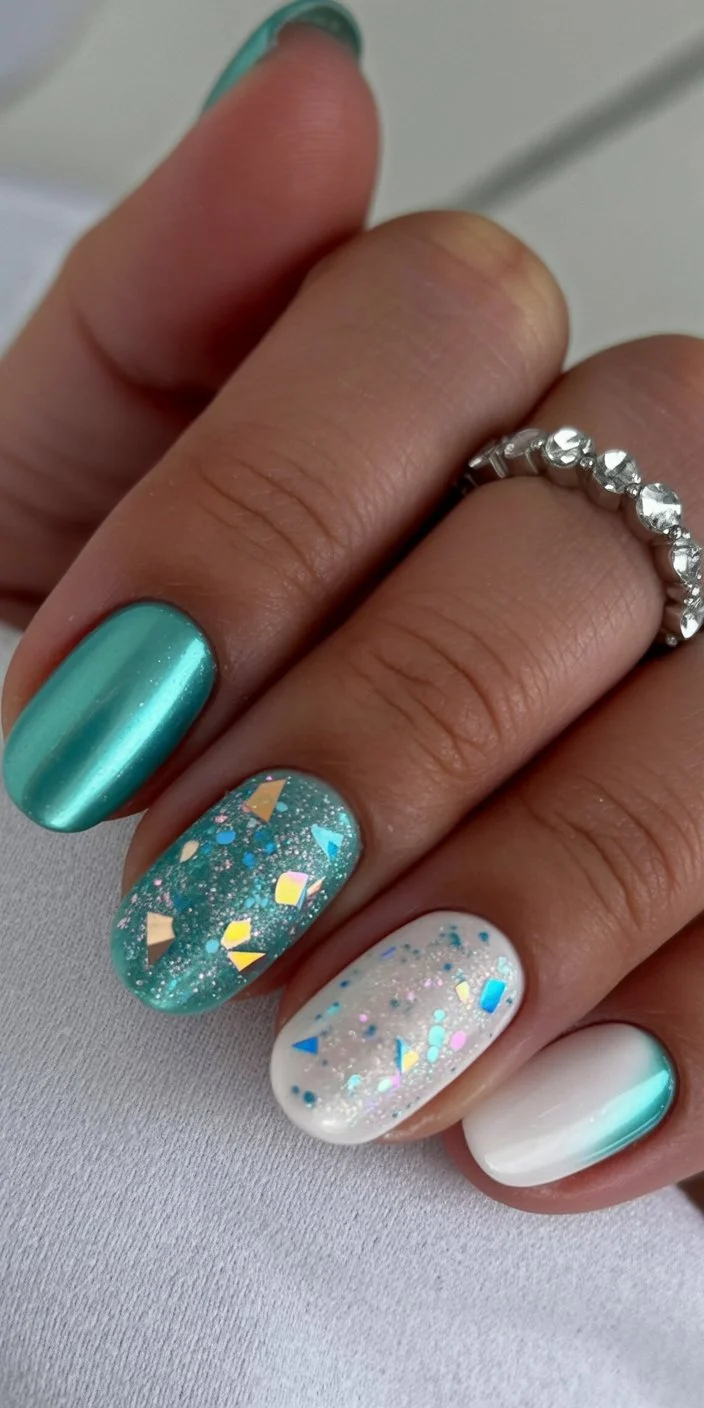 summer beach nails 2026 Sea Glass Glitter Nails with Coastal Treasure Vibes