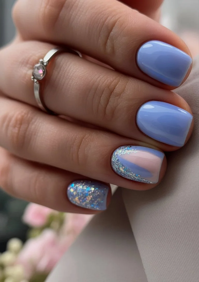 summer beach nails 2026 Powder Blue Glitter Nails with Sea Breeze Elegance