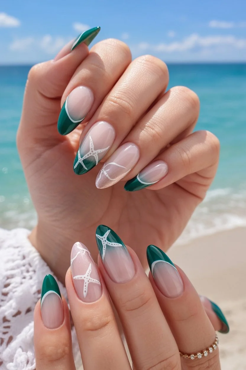 summer beach nails 2026 Emerald Starfish French Nails with Tropical Coast Energy