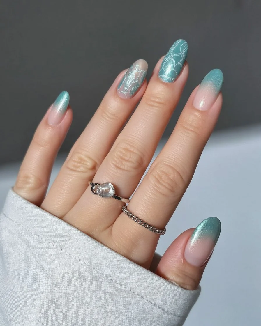summer beach nails 2026 Seafoam Chrome Ombre Nails with Ocean Mist Glow