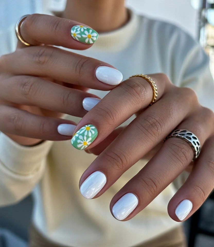 summer beach nails 2026 Fresh Green Daisy Nails for Slow Summer Mornings