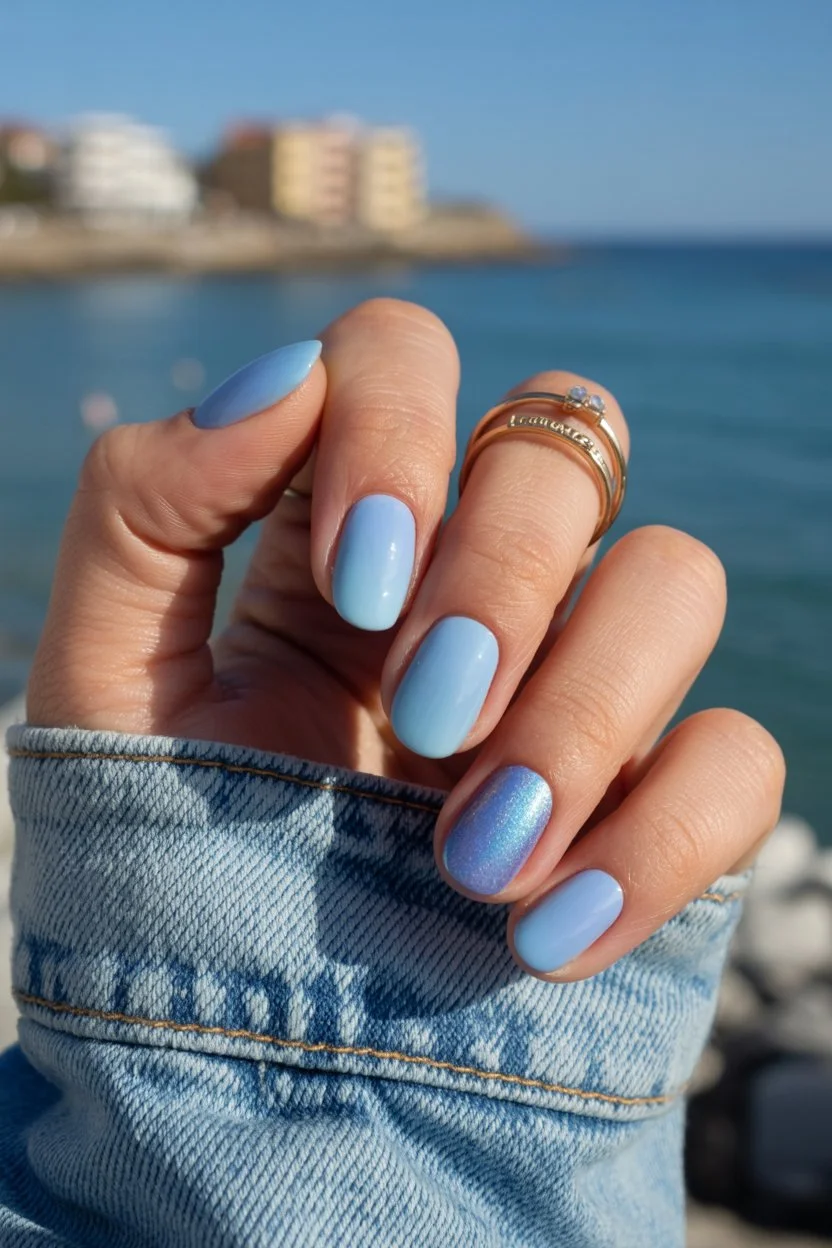 summer dip nails 2026 Soft Ocean Blue For Late Summer Days