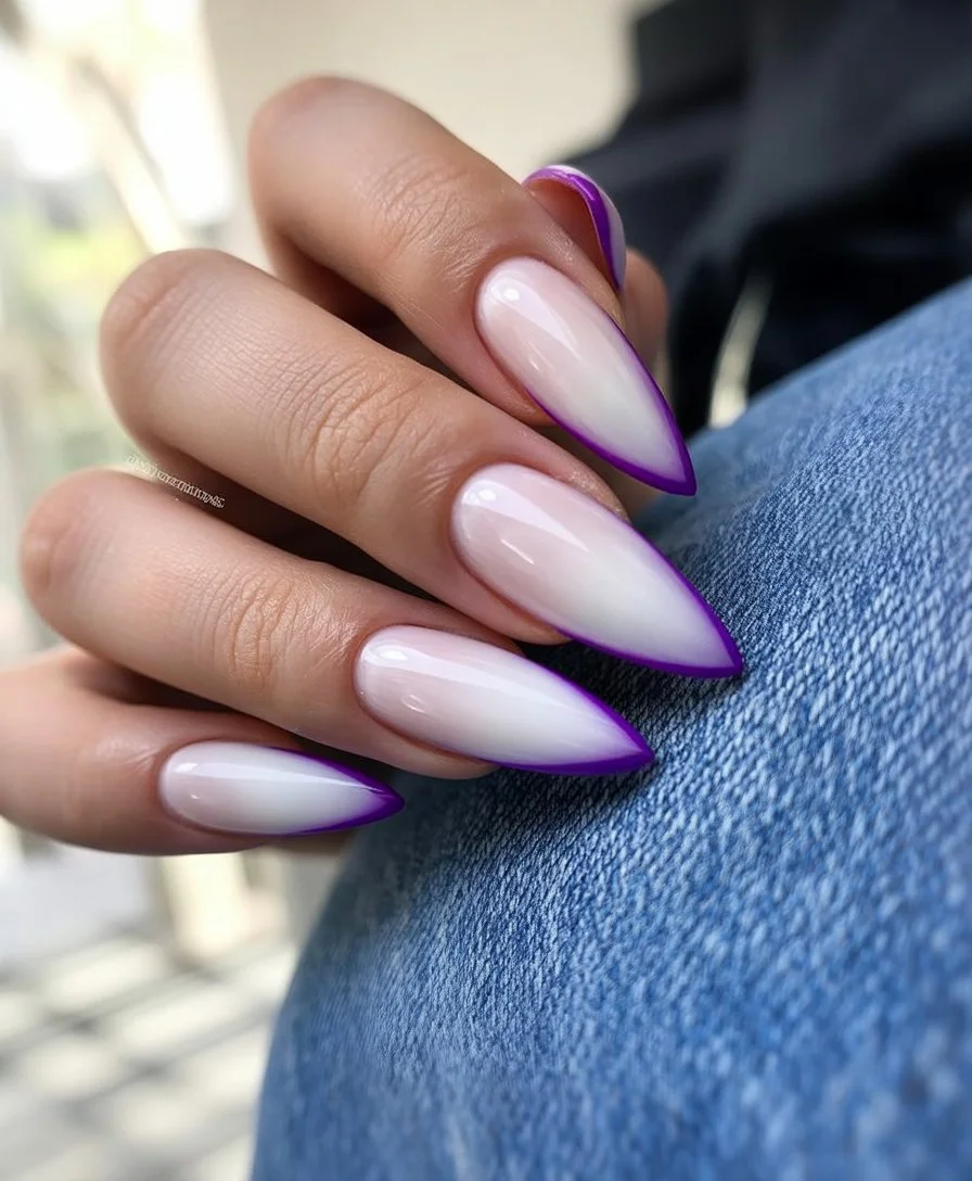 summer dip nails 2026 Sharp Purple French Lines With Modern Edge