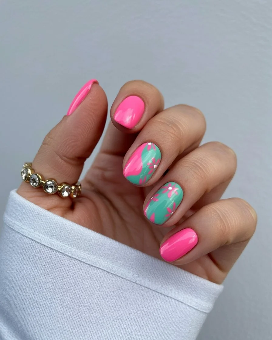 summer dip nails 2026 Playful Pink Florals For Bright Summer Moods