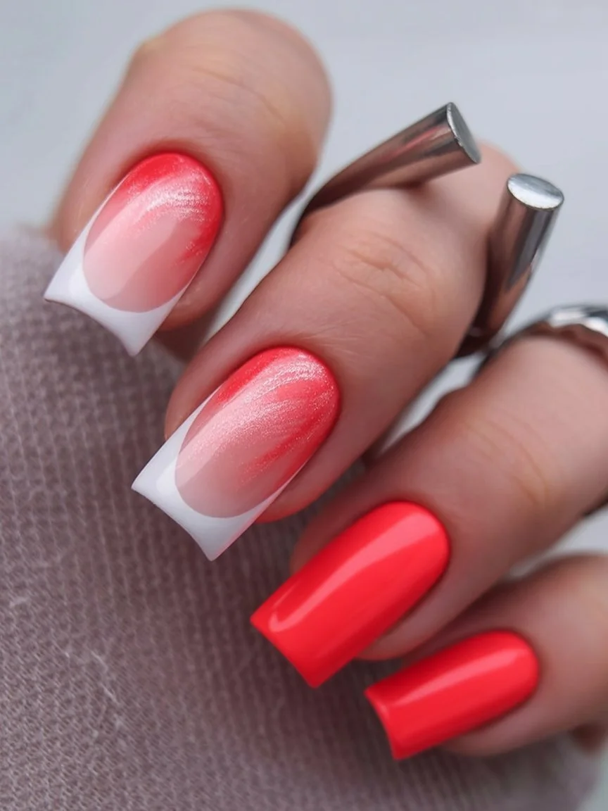 Summer French nails ideas 2026 Neon Sunset French Energy With A Bold Red Twist