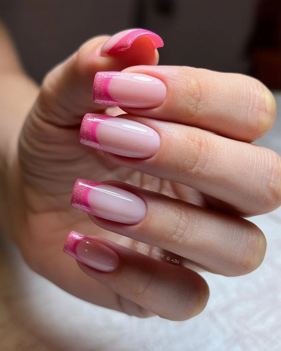 Summer French nails ideas 2026 Sparkling Pink French Tips With Barbie Summer Energy