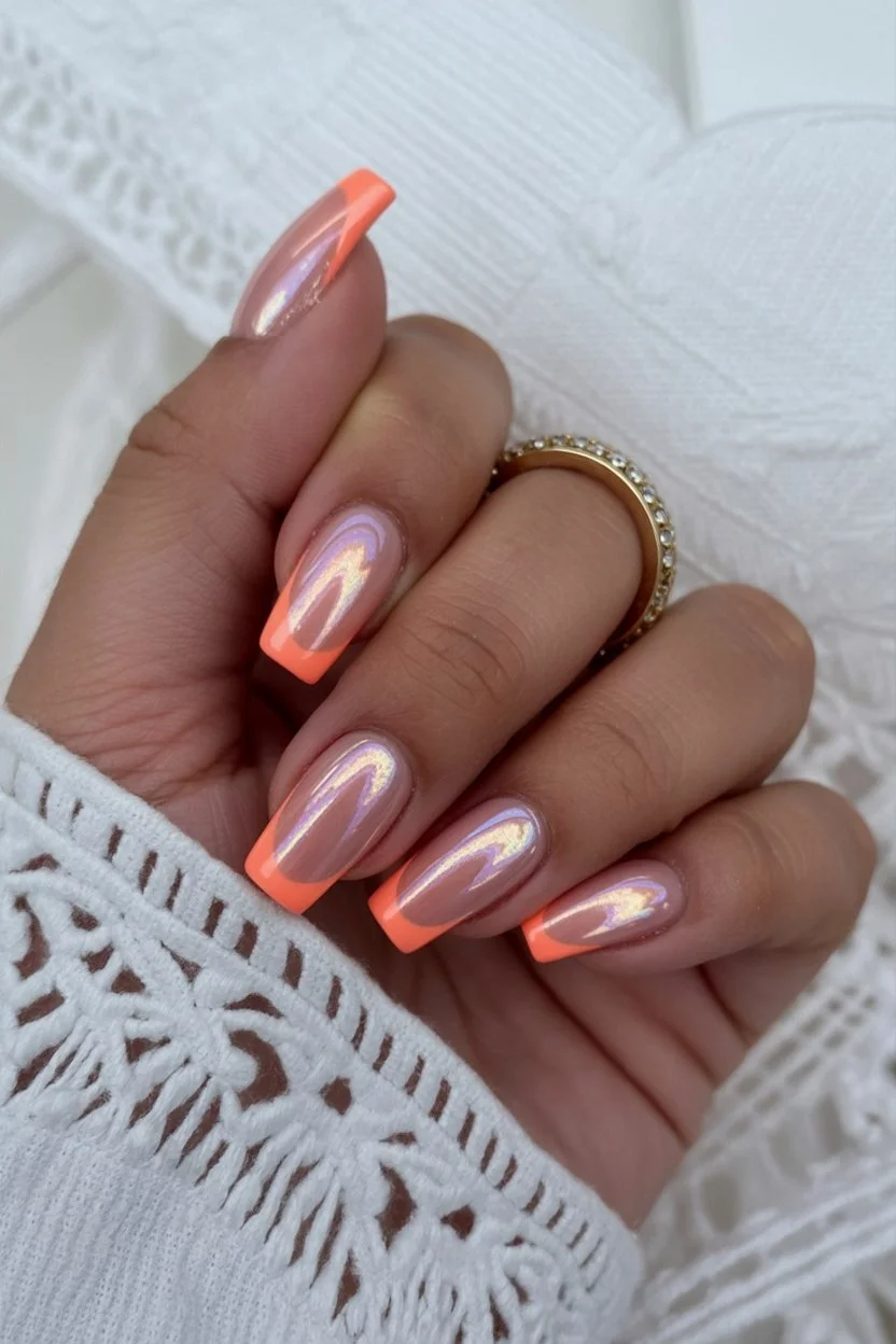 Summer French nails ideas 2026 Peach Chrome French Nails For Sunset Season