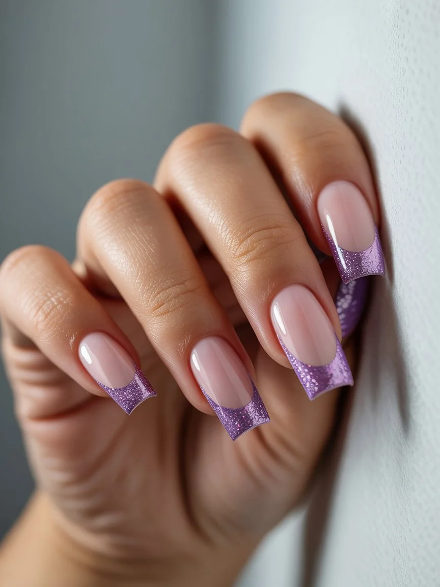 Summer French nails ideas 2026 Lavender Glitter French Tips For Soft Summer Evenings