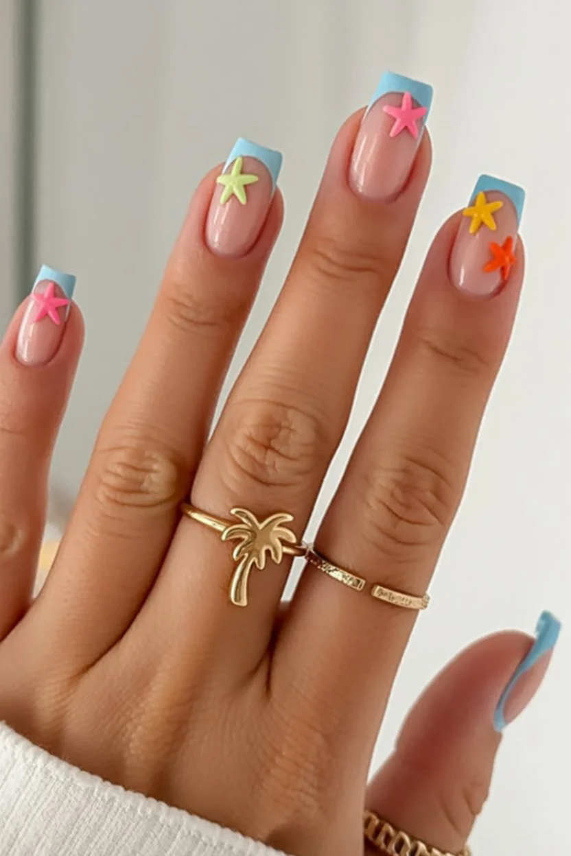 Summer French nails ideas 2026 Pastel Starfish French Nails With Vacation Energy