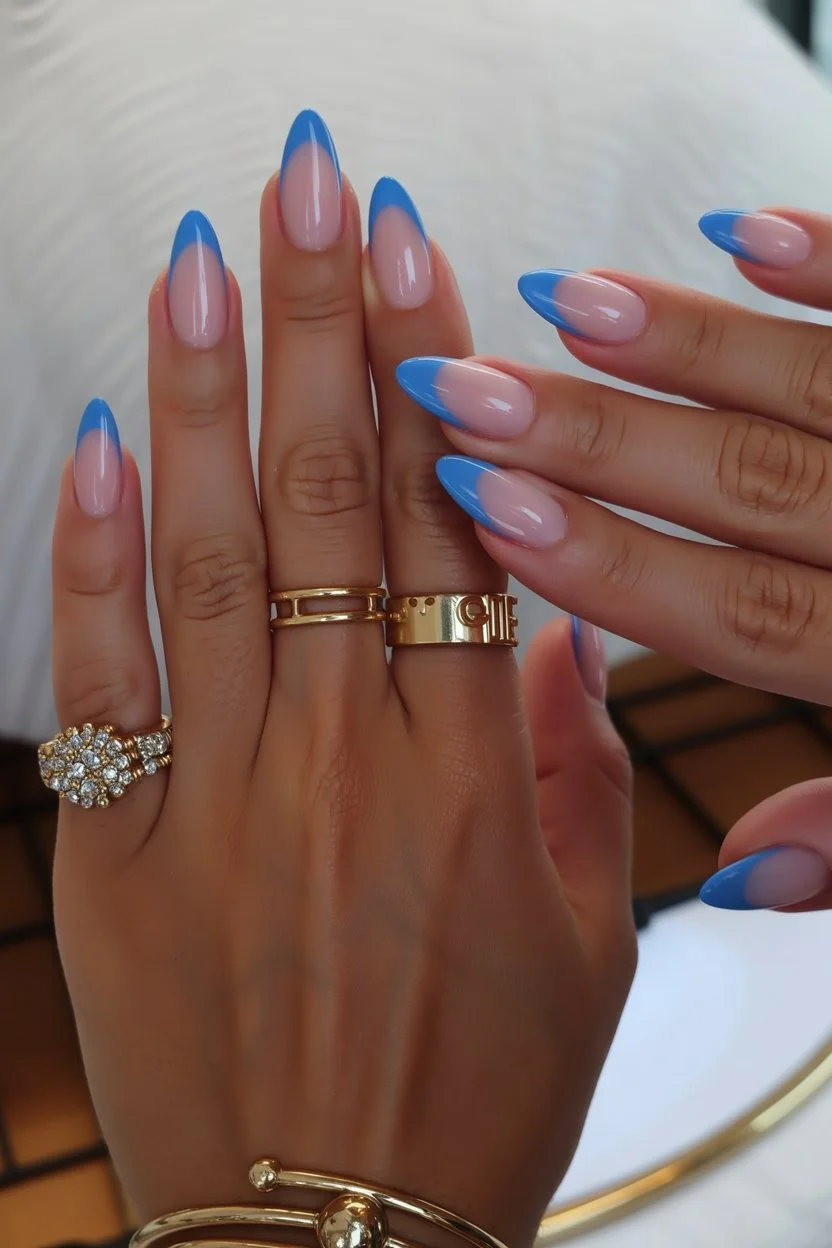 Summer French nails ideas 2026 Ocean Blue Almond French Nails For Endless Vacation Mood