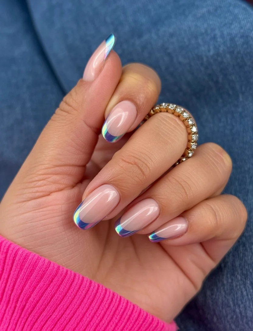 Summer French nails ideas 2026 Holographic French Tips With Futuristic Shine