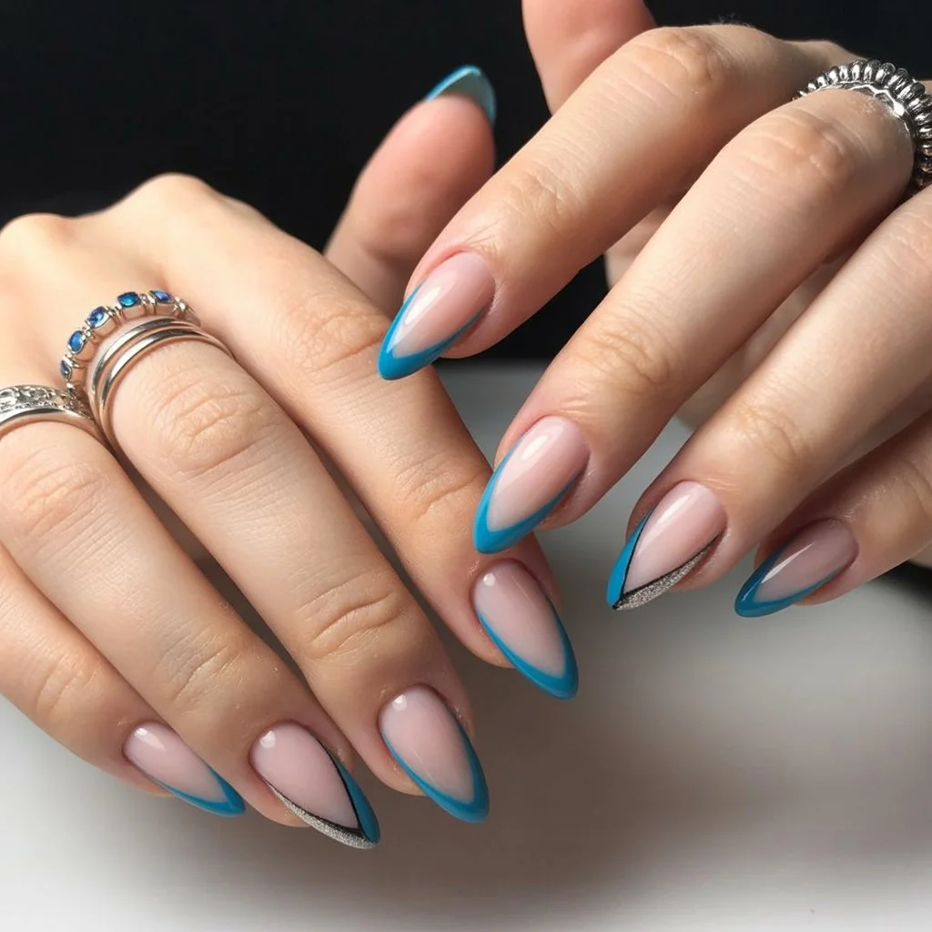 Summer French nails ideas 2026 Blue Outline French Nails With Modern Graphic Details