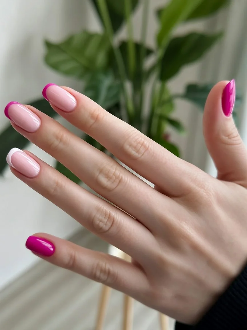 summer french tip nails 2026 Hot Pink French Tips With Glossy Barbie Energy