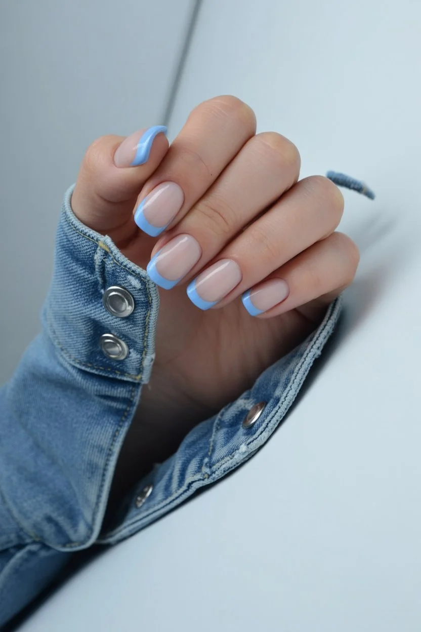 summer french tip nails 2026 Sky Blue Square Tips With Fresh Weekend Energy