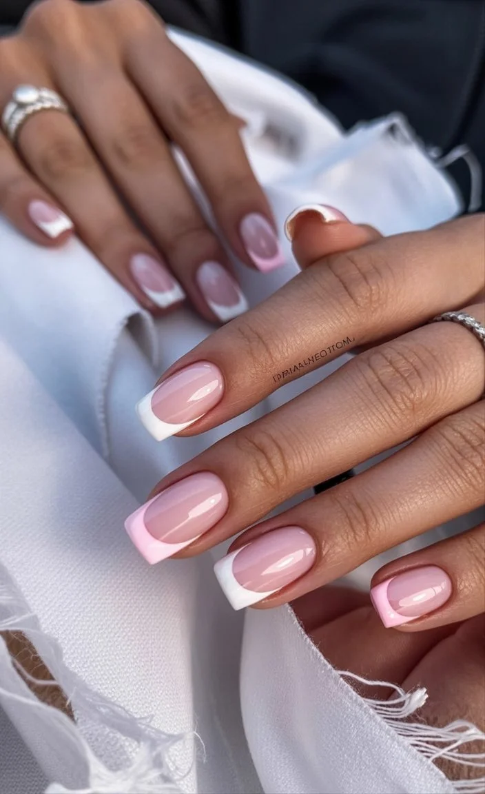 summer french tip nails 2026 Pink And White French Tips With Sweet Contrast