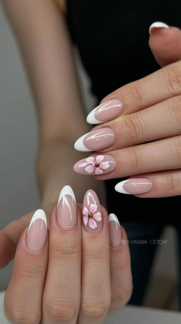 summer french tip nails 2026 White Almond French Nails With Delicate Flowers
