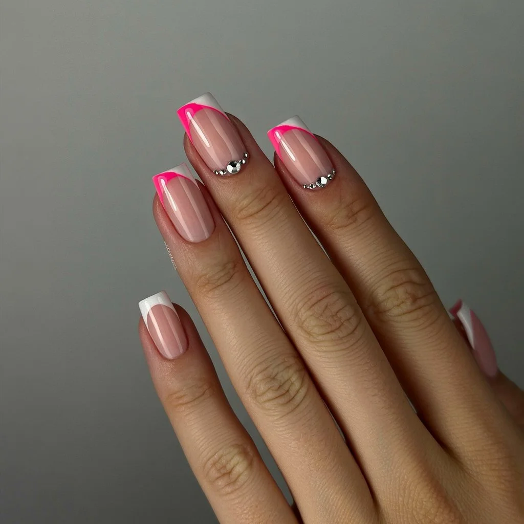 summer french tip nails 2026 Pink French Details With Tiny Crystal Accents