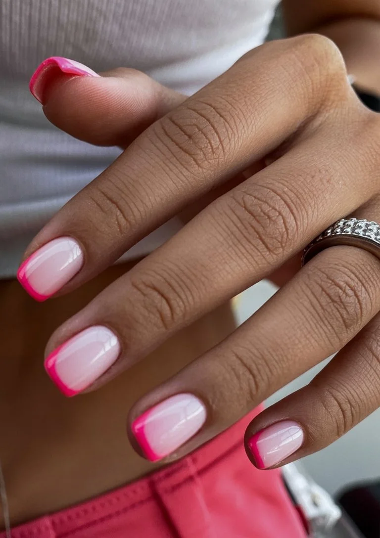 summer french tip nails 2026 Neon Pink Edges For Minimal Summer Cool Girl Style