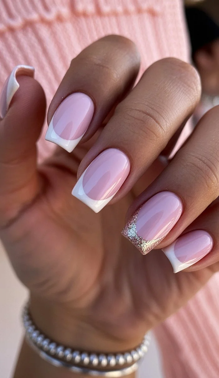 summer french tip nails 2026 Classic White Tips With A Touch Of Glitter Magic