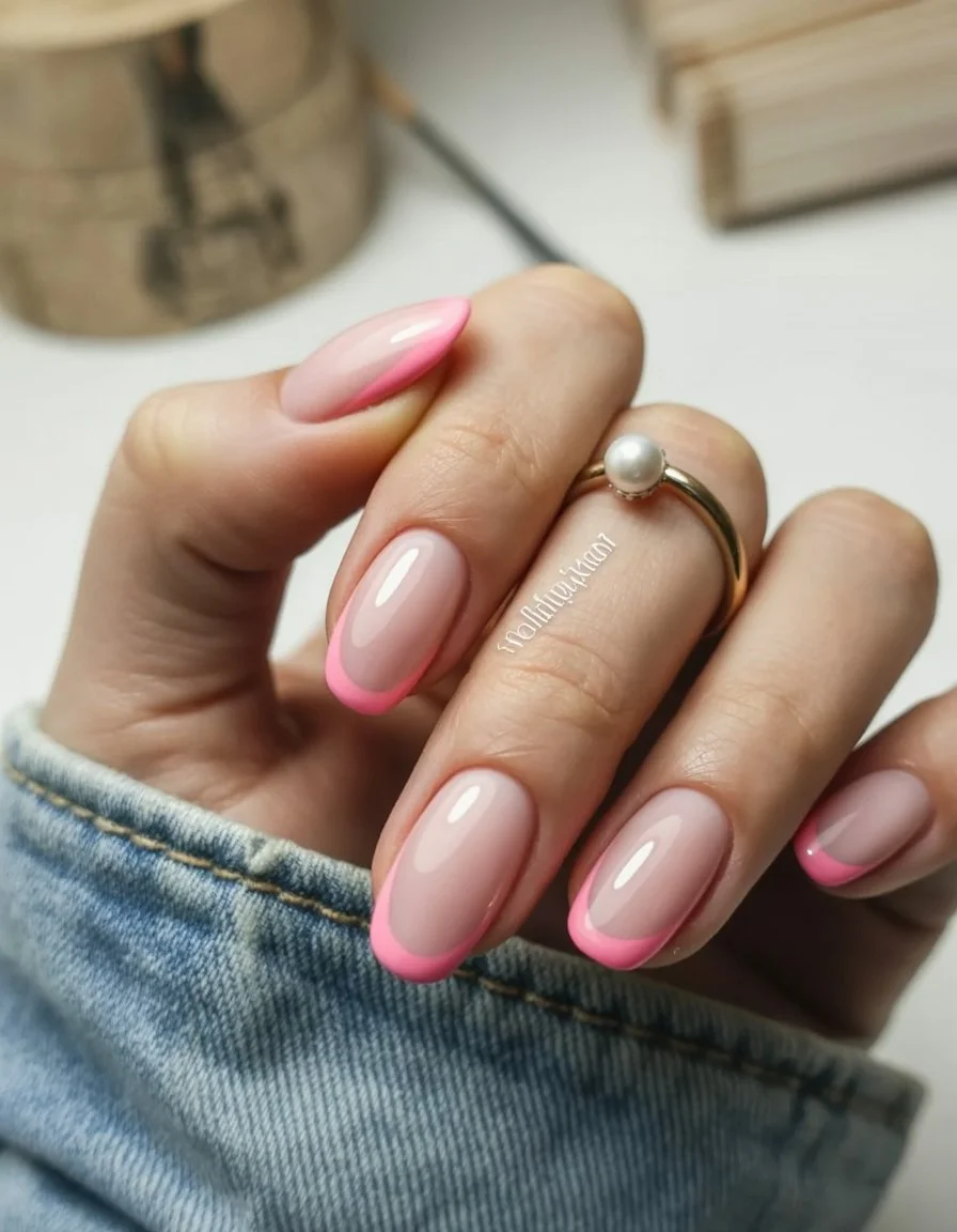 summer french tip nails 2026 Glossy Pink French Nails With Clean Girl Energy