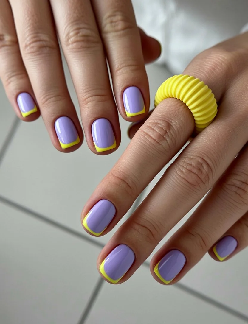 summer french tip nails 2026 Lavender And Yellow French Tips With Retro Summer Vibes